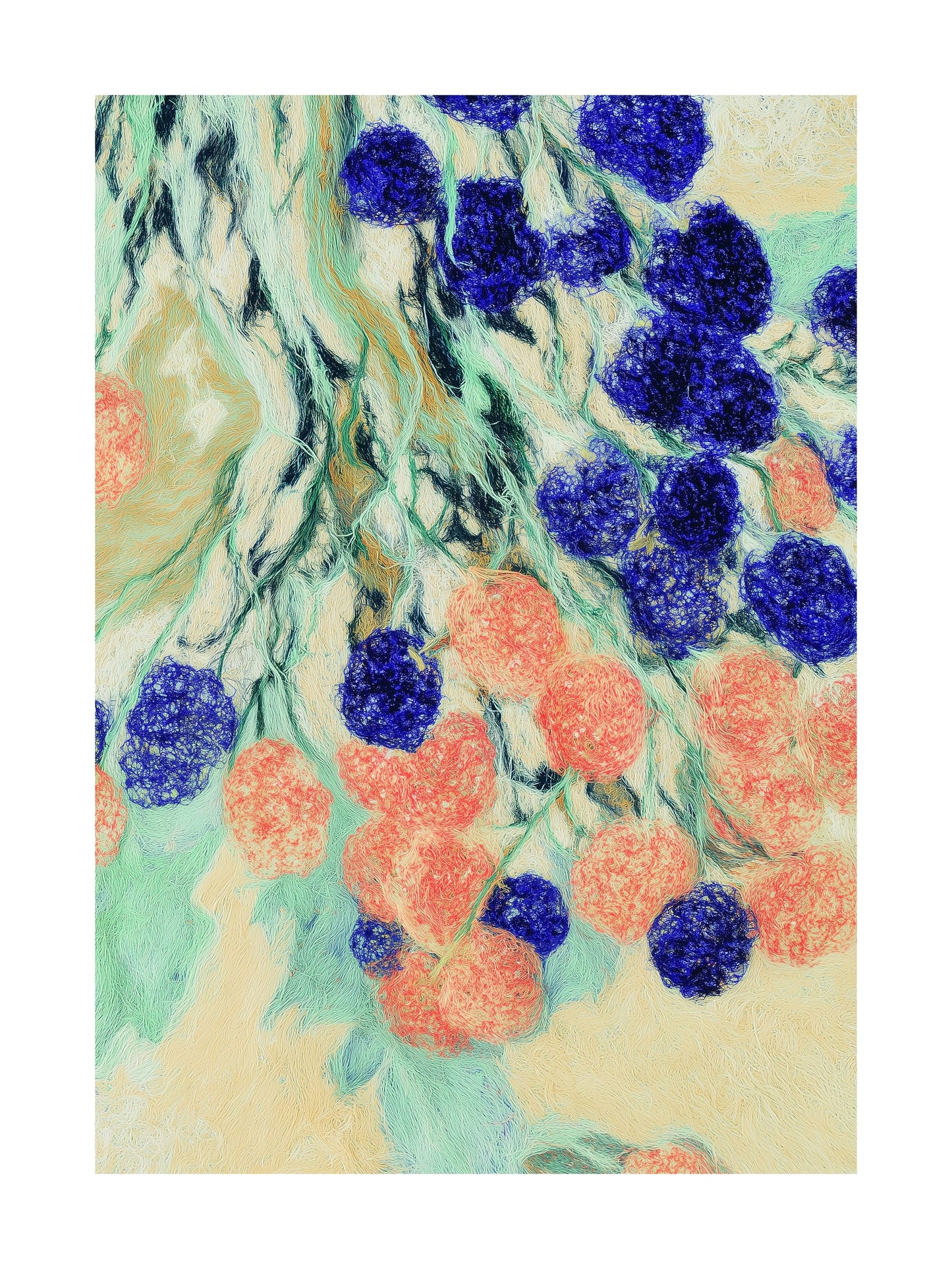 Red and blue berry clusters among green vines