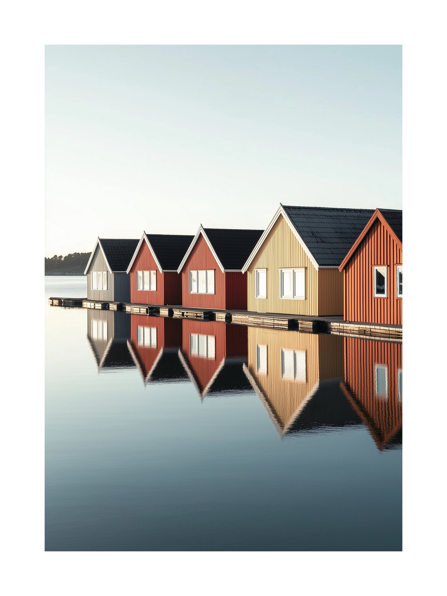 Poster of colorful wooden huts reflected in water at Smögen marina
