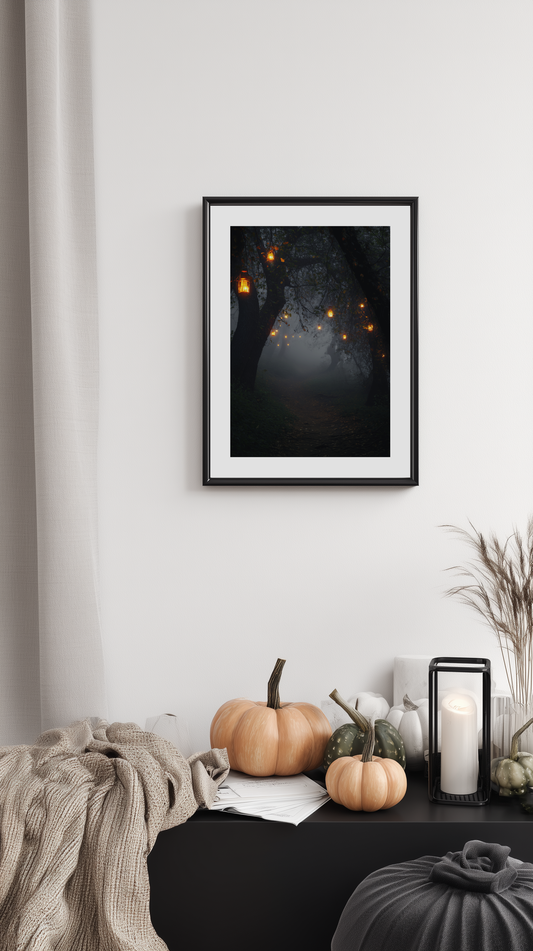 Lantern Path in Haunted Forest Poster