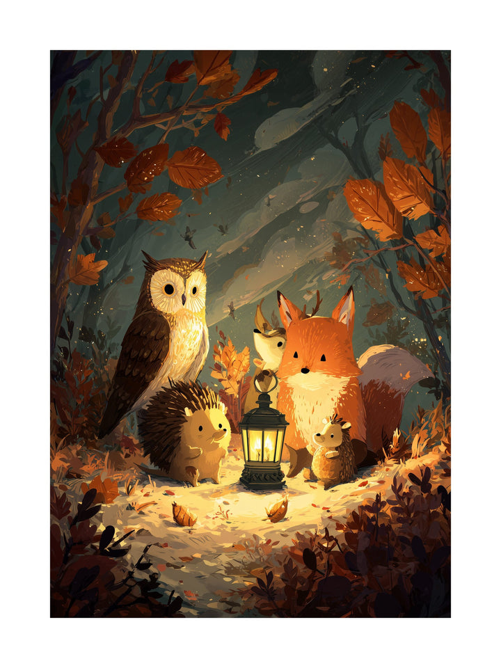 Illustration poster of fox, owl and hedgehog around a lantern in autumn woods
