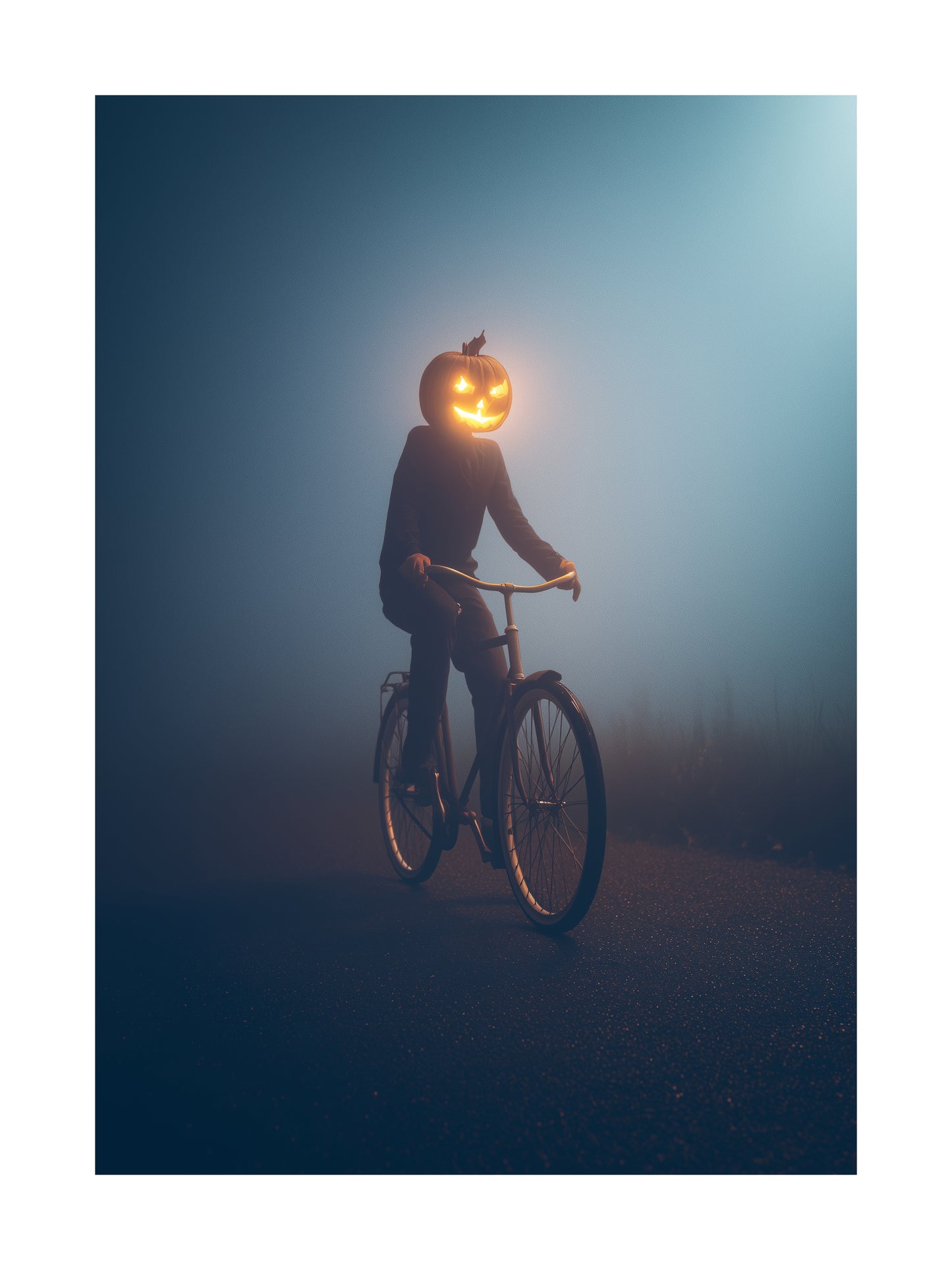 Poster of a pumpkin-headed figure riding a bicycle in the fog