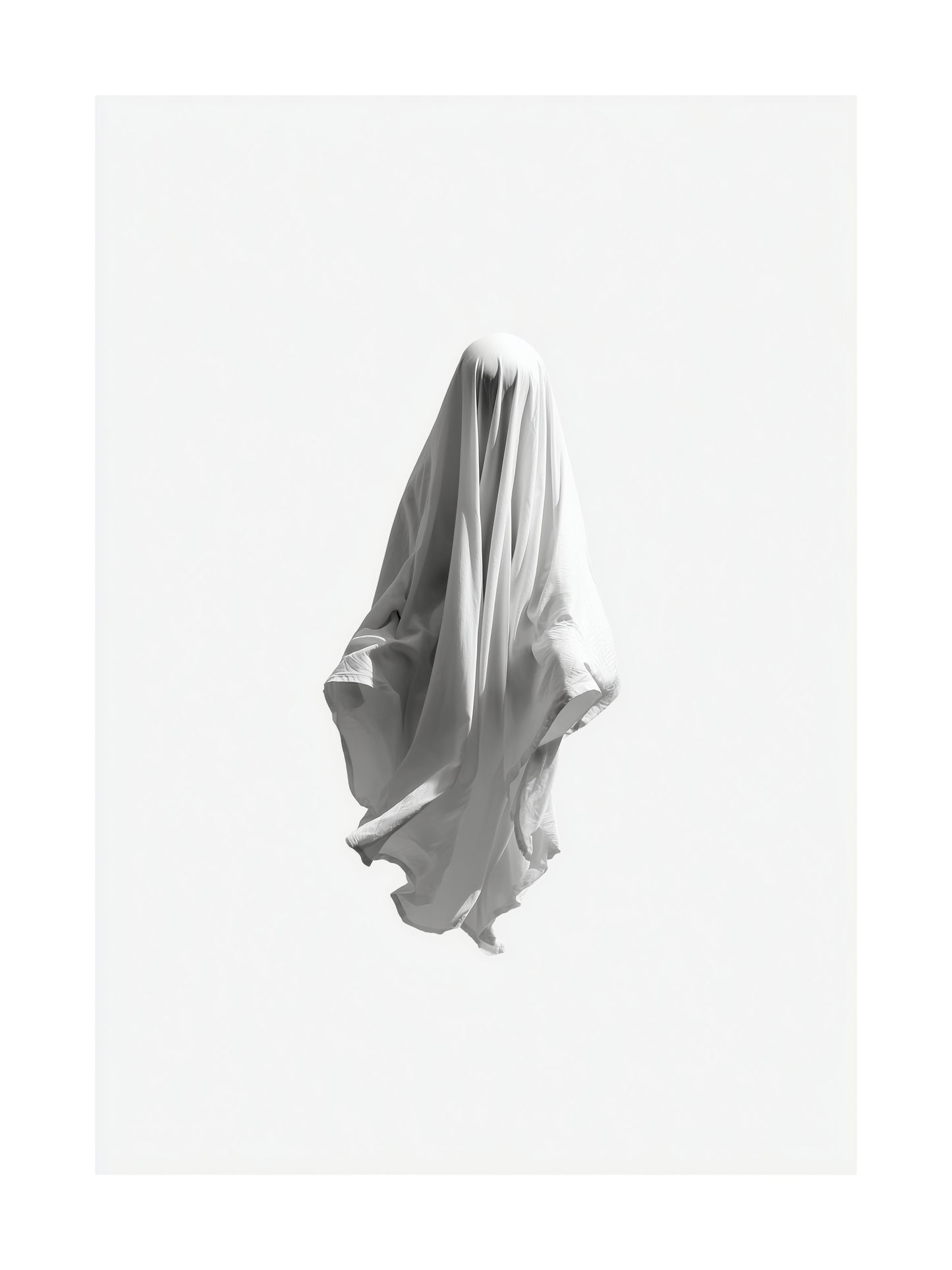 Scary ghost floating with white sheet on white background