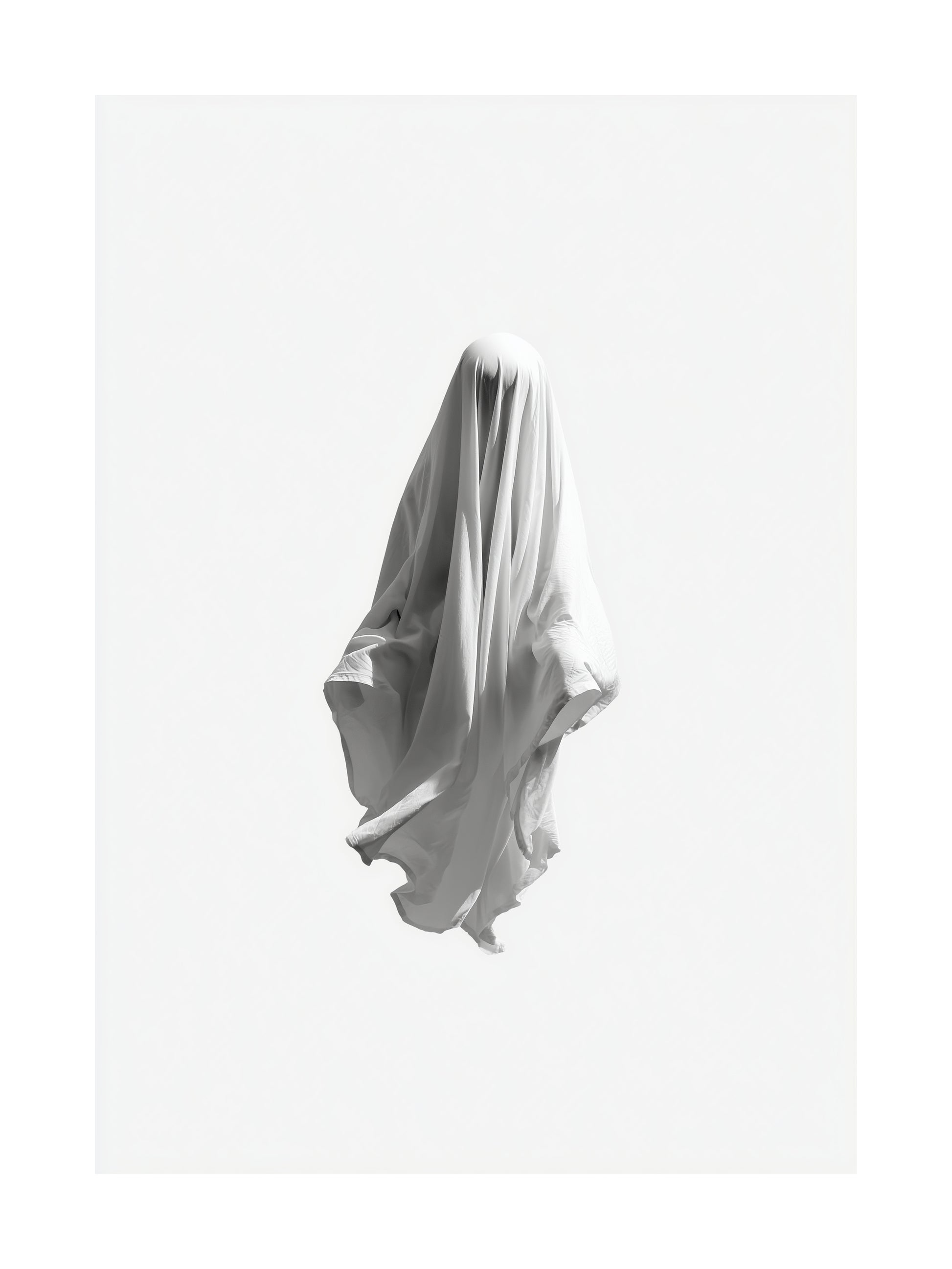 Scary ghost floating with white sheet on white background