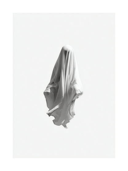 Scary ghost floating with white sheet on white background
