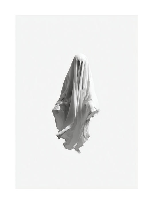 Scary ghost floating with white sheet on white background