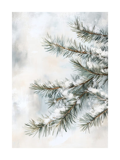 Hand-painted pine branches with snow on a soft blue-white background.