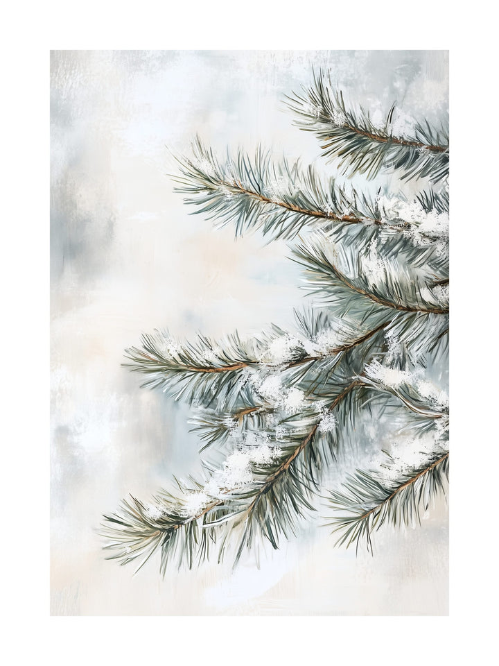 Hand-painted pine branches with snow on a soft blue-white background.