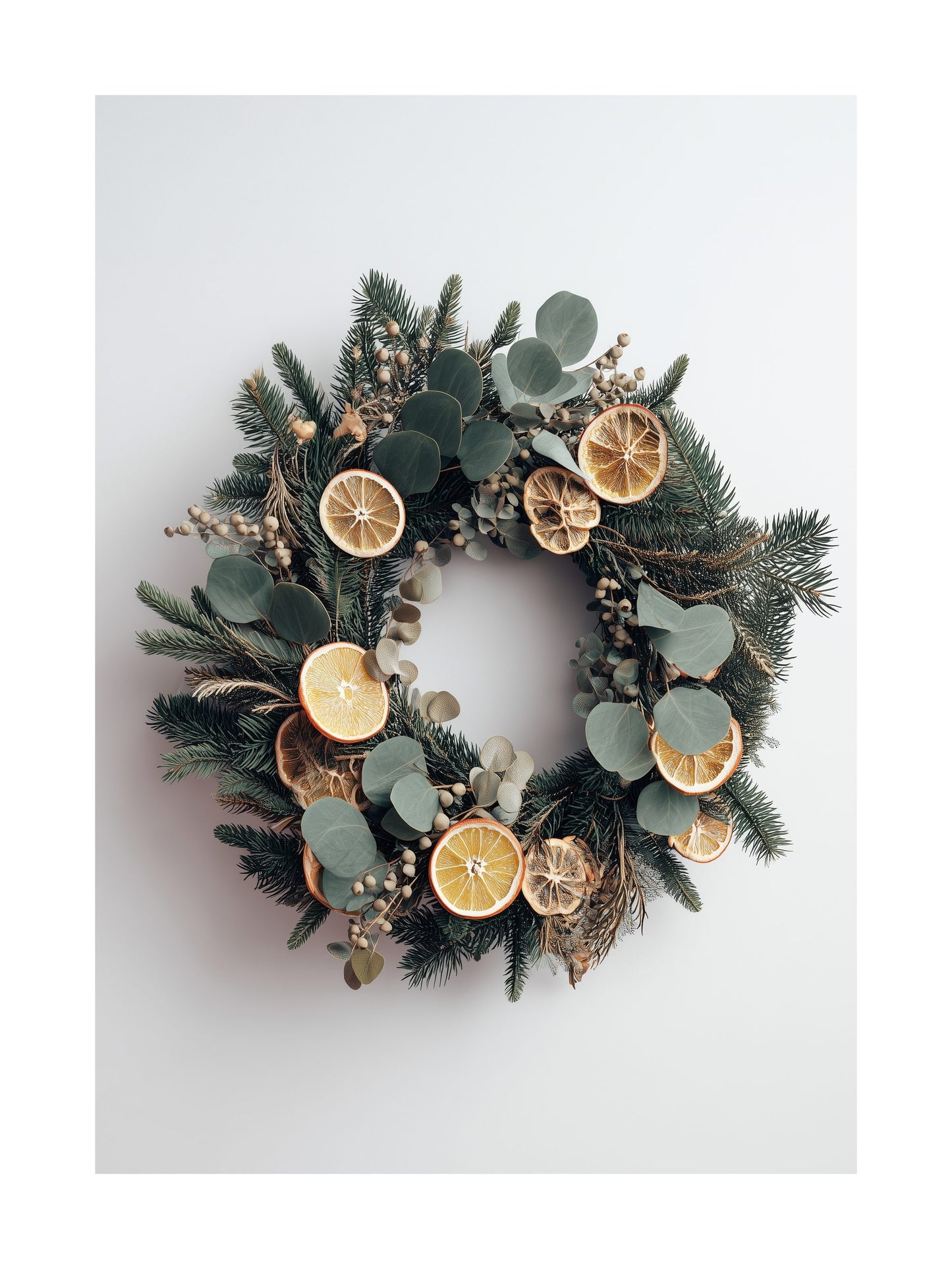 Christmas wreath with pine, eucalyptus and dried oranges poster