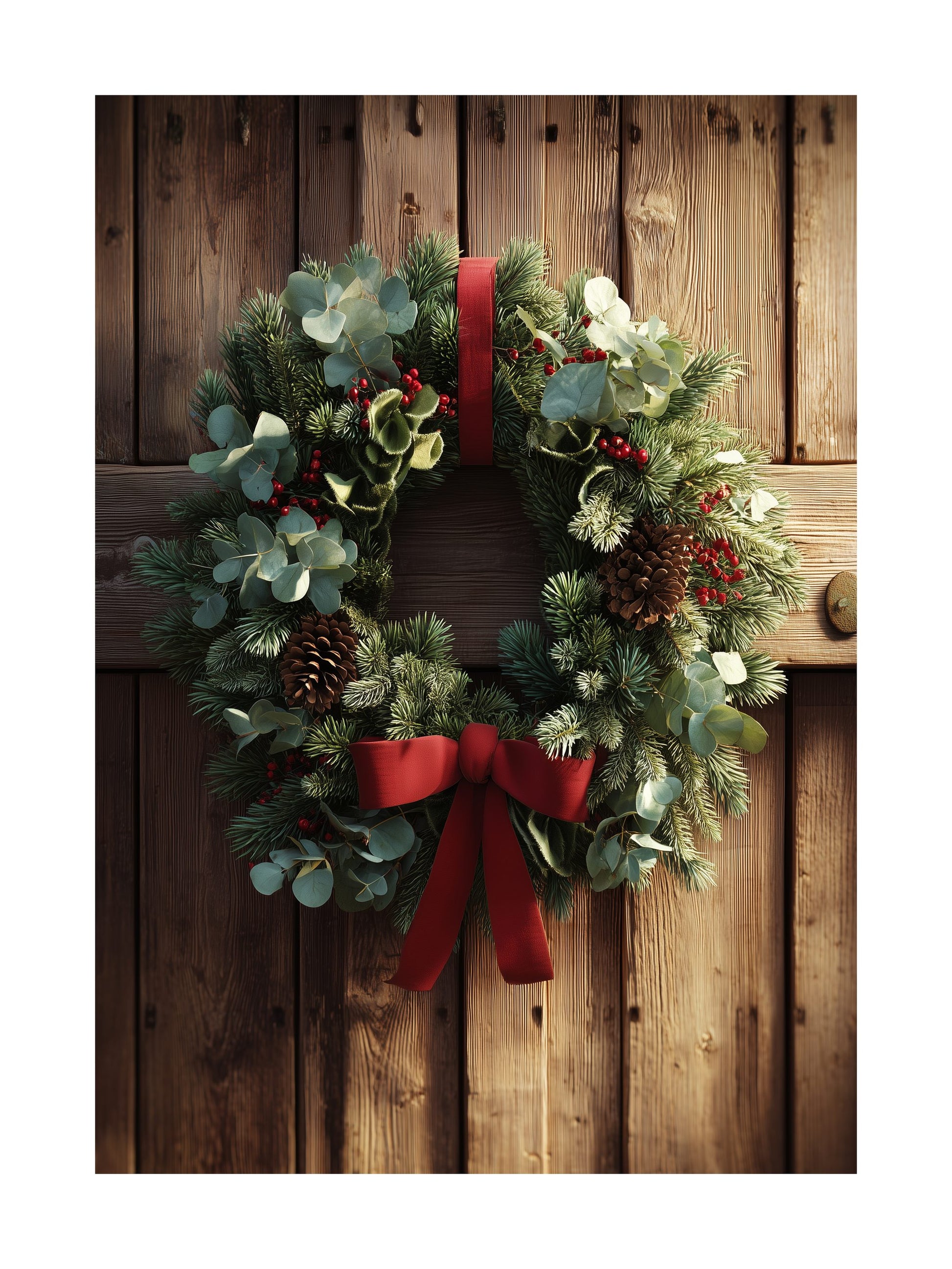 Christmas wreath with red bow and eucalyptus on wood door poster