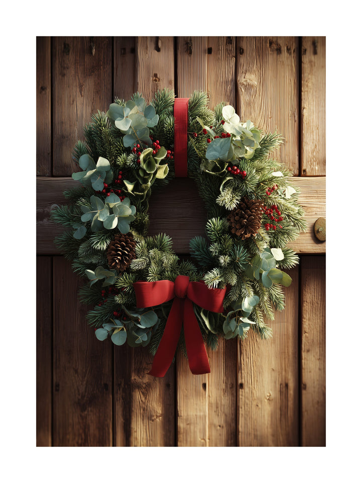 Christmas wreath with red bow and eucalyptus on wood door poster