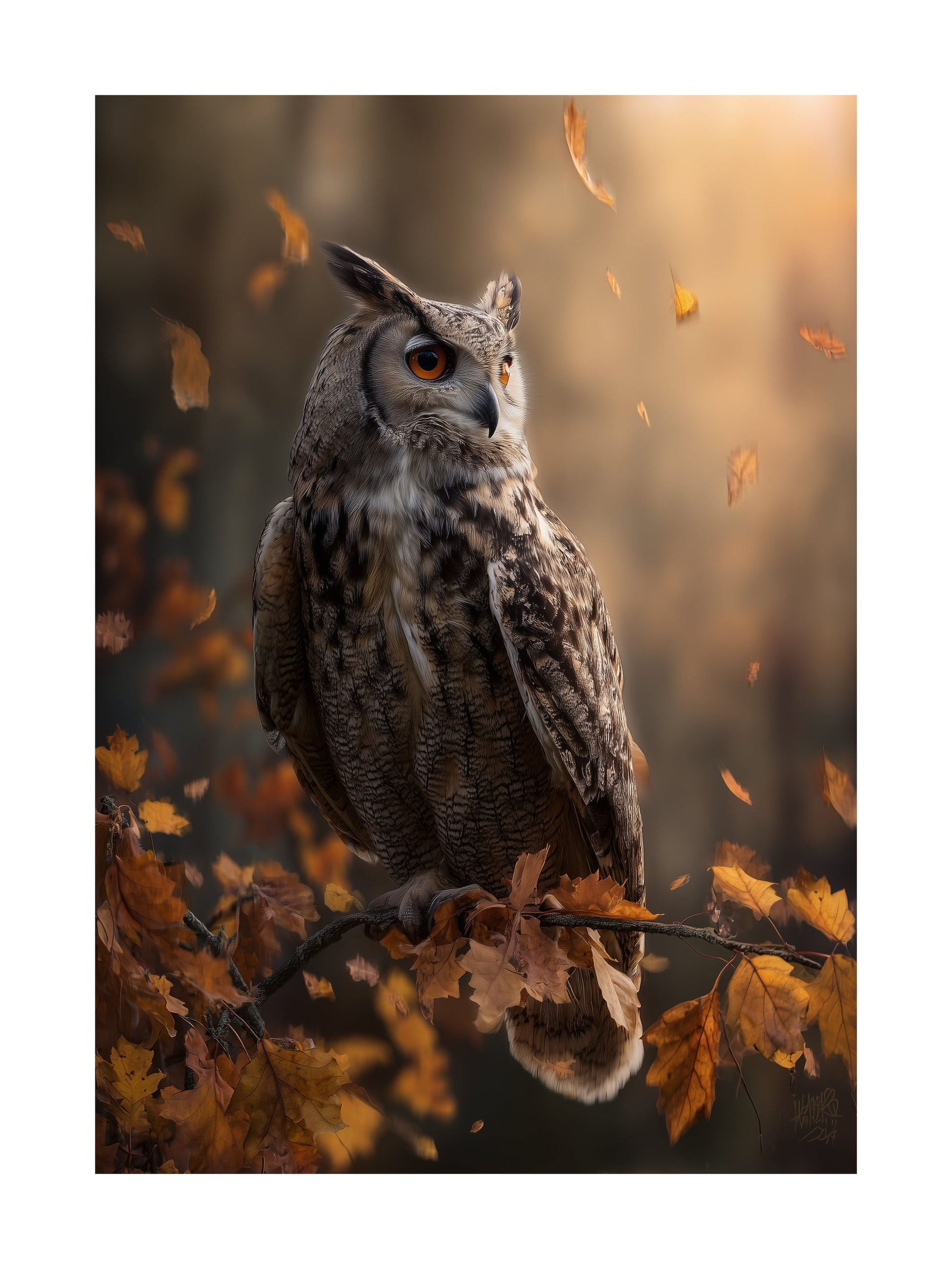 Poster of a majestic owl on a branch with autumn leaves