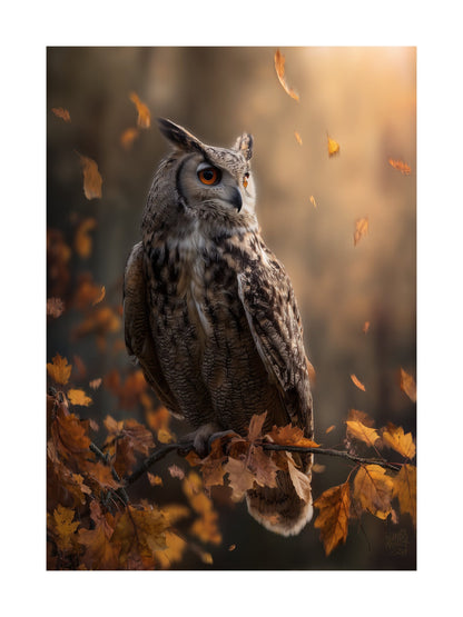 Poster of a majestic owl on a branch with autumn leaves
