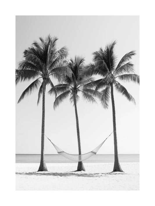 Palm trees and hammock on beach – minimalist tropical poster