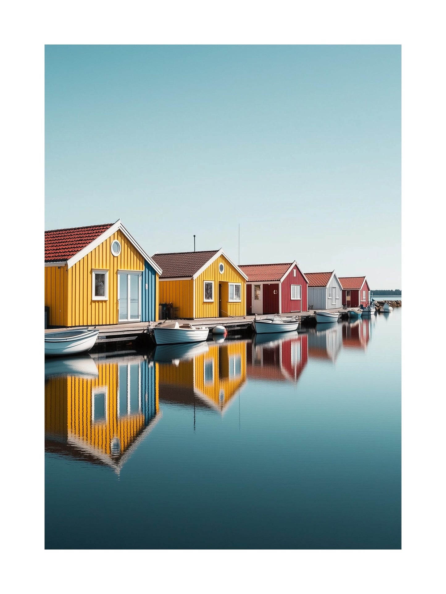 Row of colorful wooden boathouses in Smögen reflecting in water