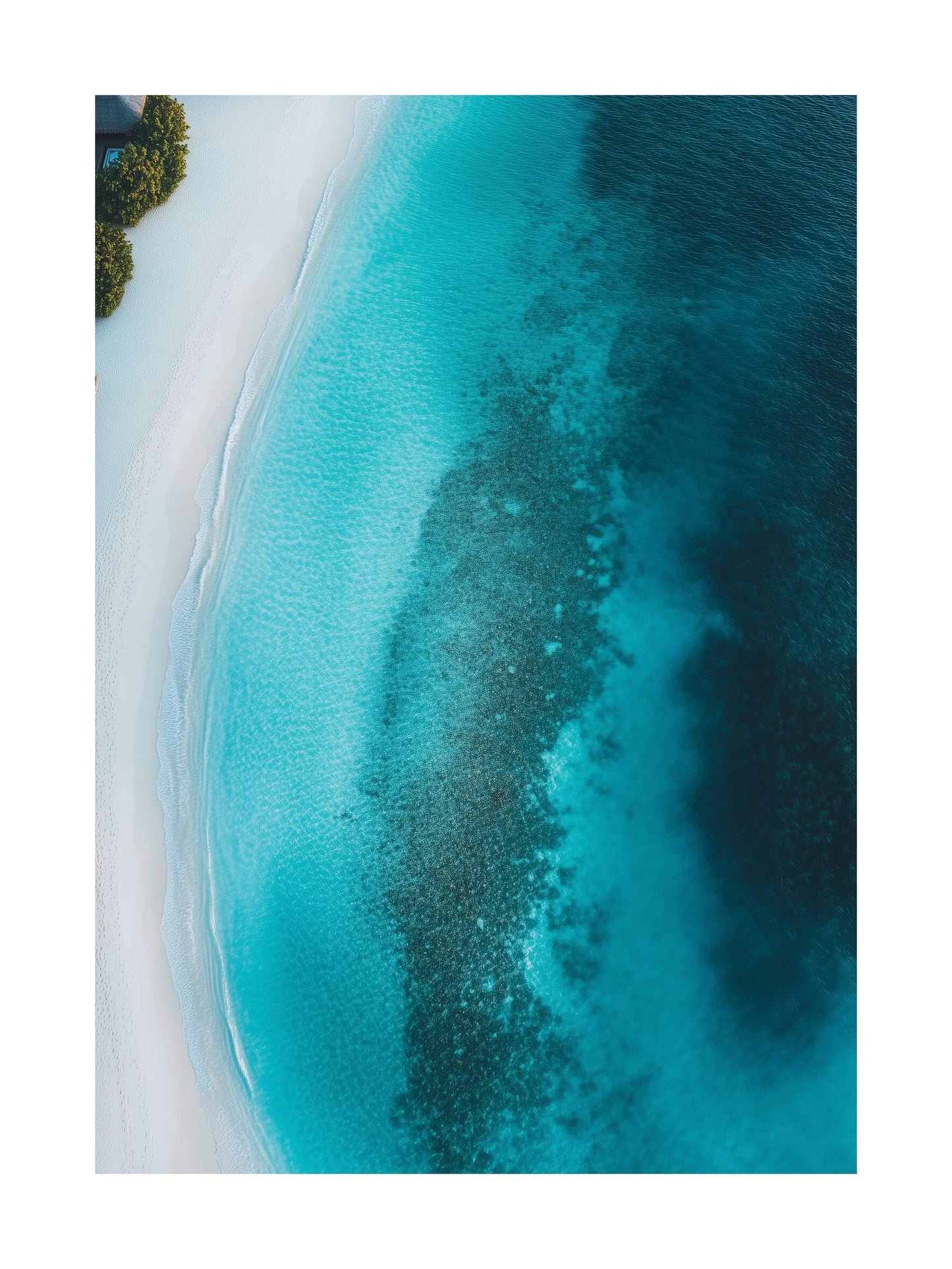 Aerial view of vibrant blue shoreline meeting beach. Ideal for wall art in your home, office, or studio.