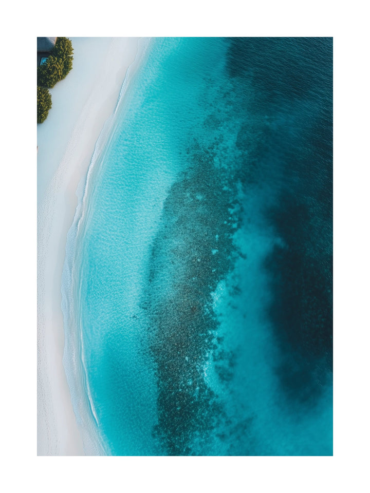 Aerial view of vibrant blue shoreline meeting beach. Ideal for wall art in your home, office, or studio.