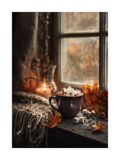 Poster of hot chocolate with marshmallows by autumn window and candlelight