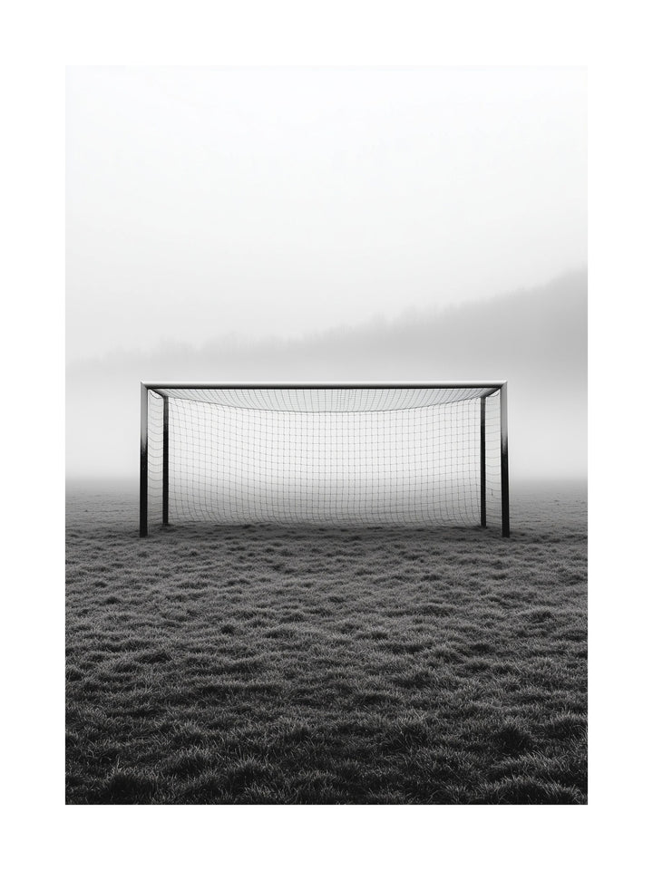 Monochrome poster of a soccer goal on a foggy field