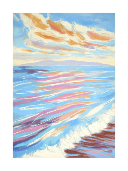 Pastel ocean waves with golden clouds at sunset