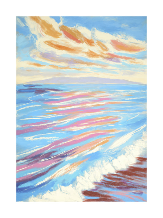 Pastel ocean waves with golden clouds at sunset
