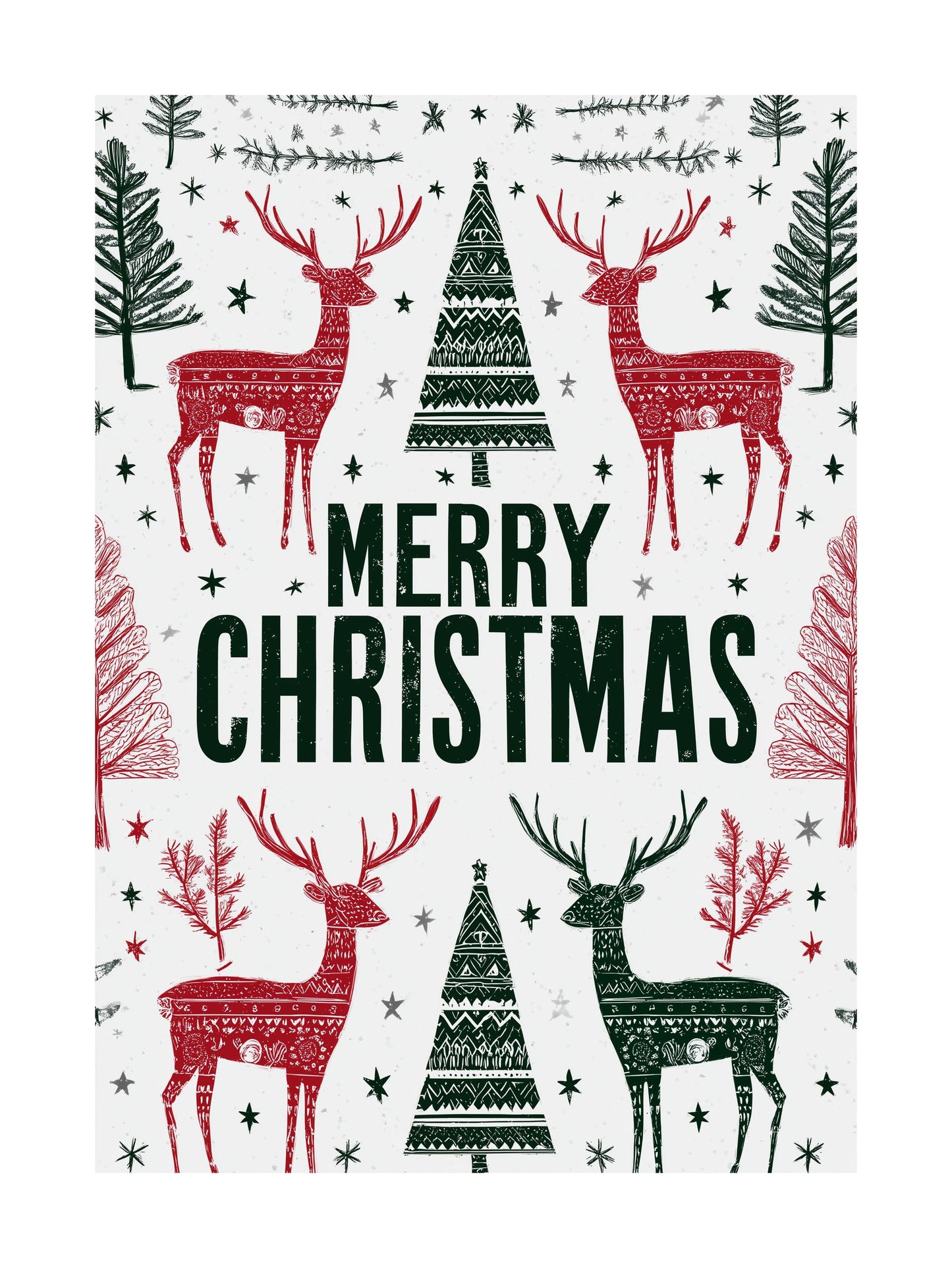 Nordic style Merry Christmas poster with reindeer and pine trees