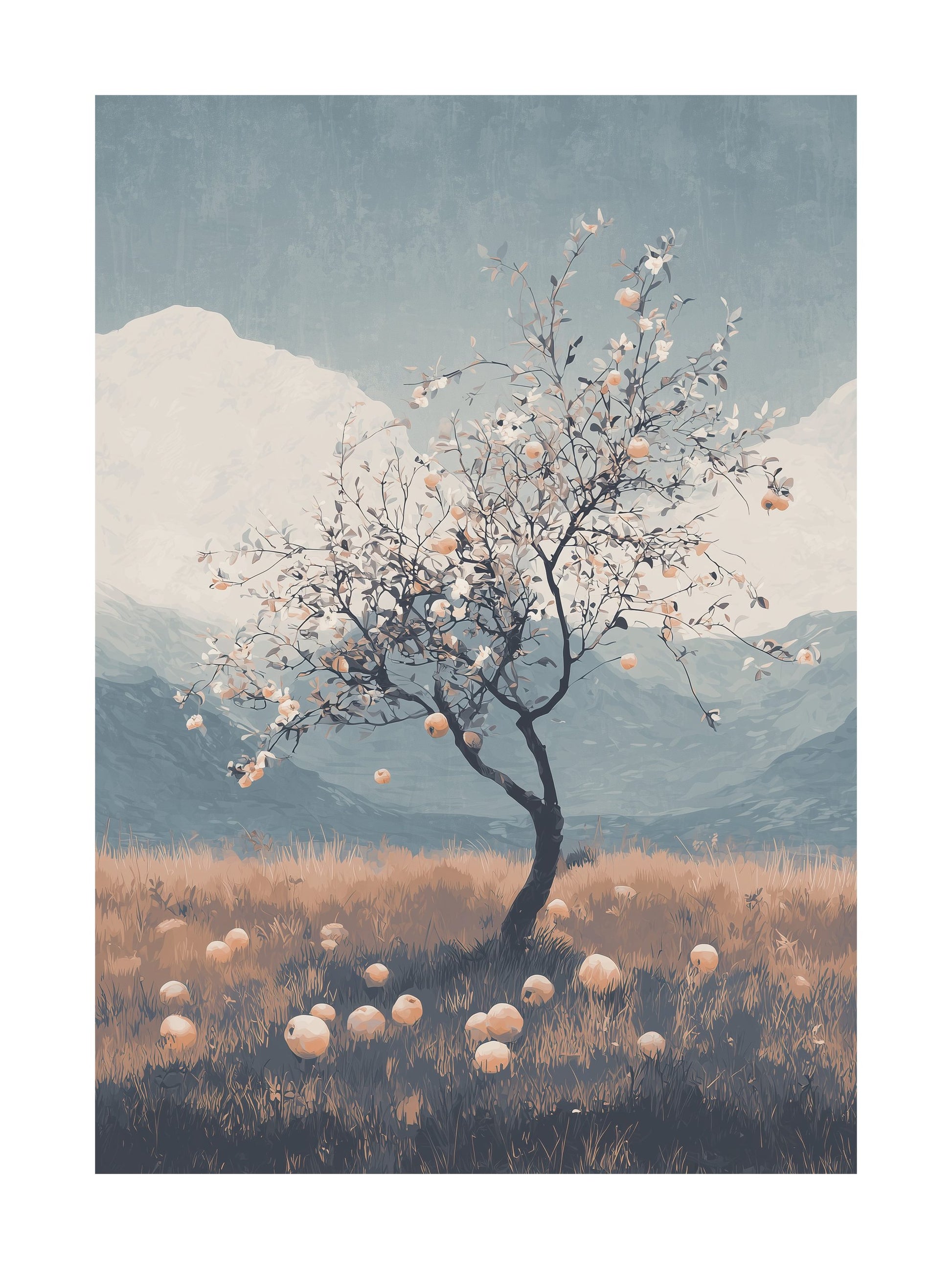 Minimalist poster of apple tree in autumn field