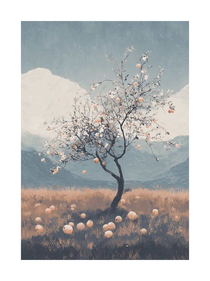 Minimalist poster of apple tree in autumn field