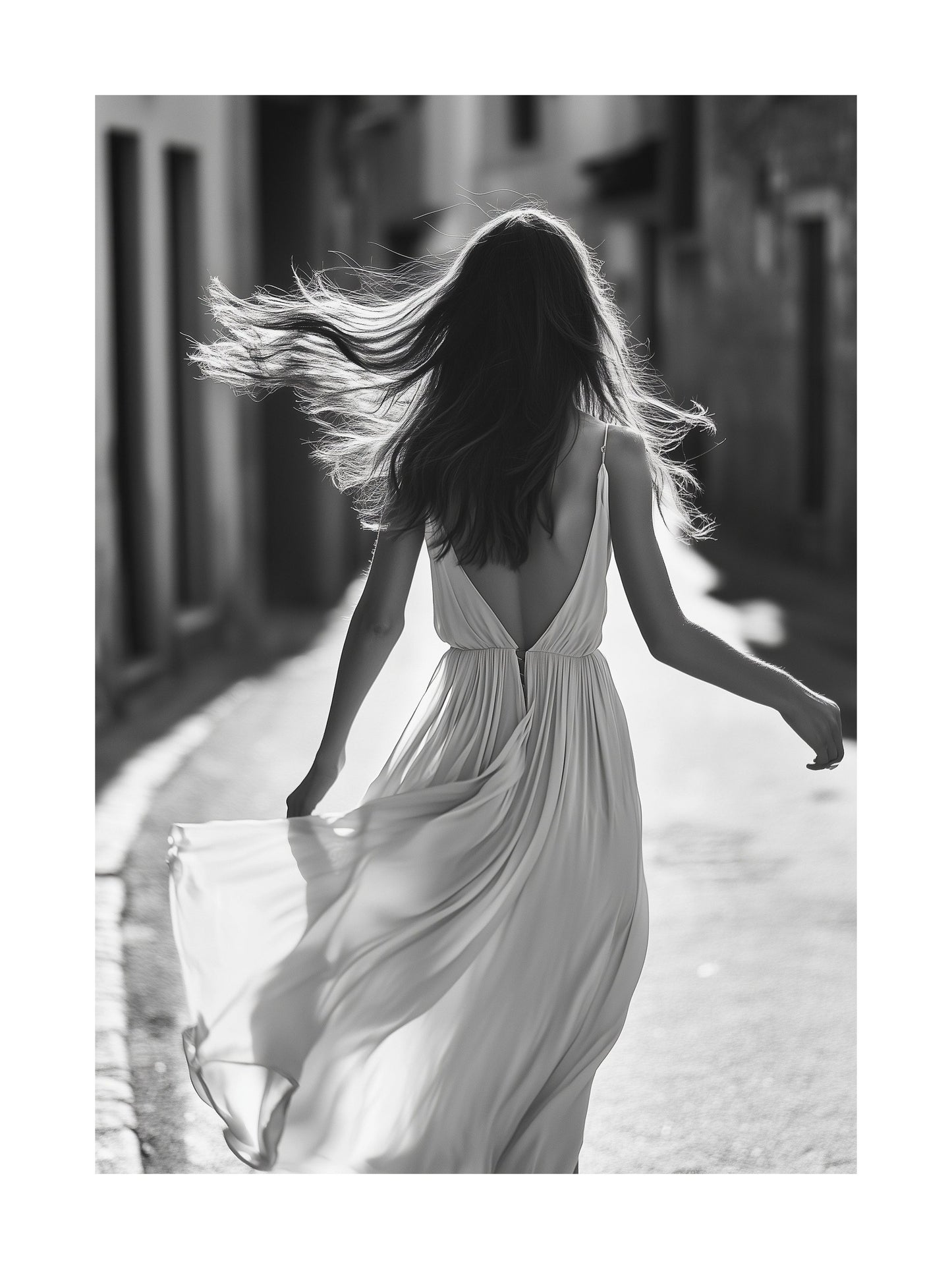 Woman walking in city with flowing dress - monochrome movement poster