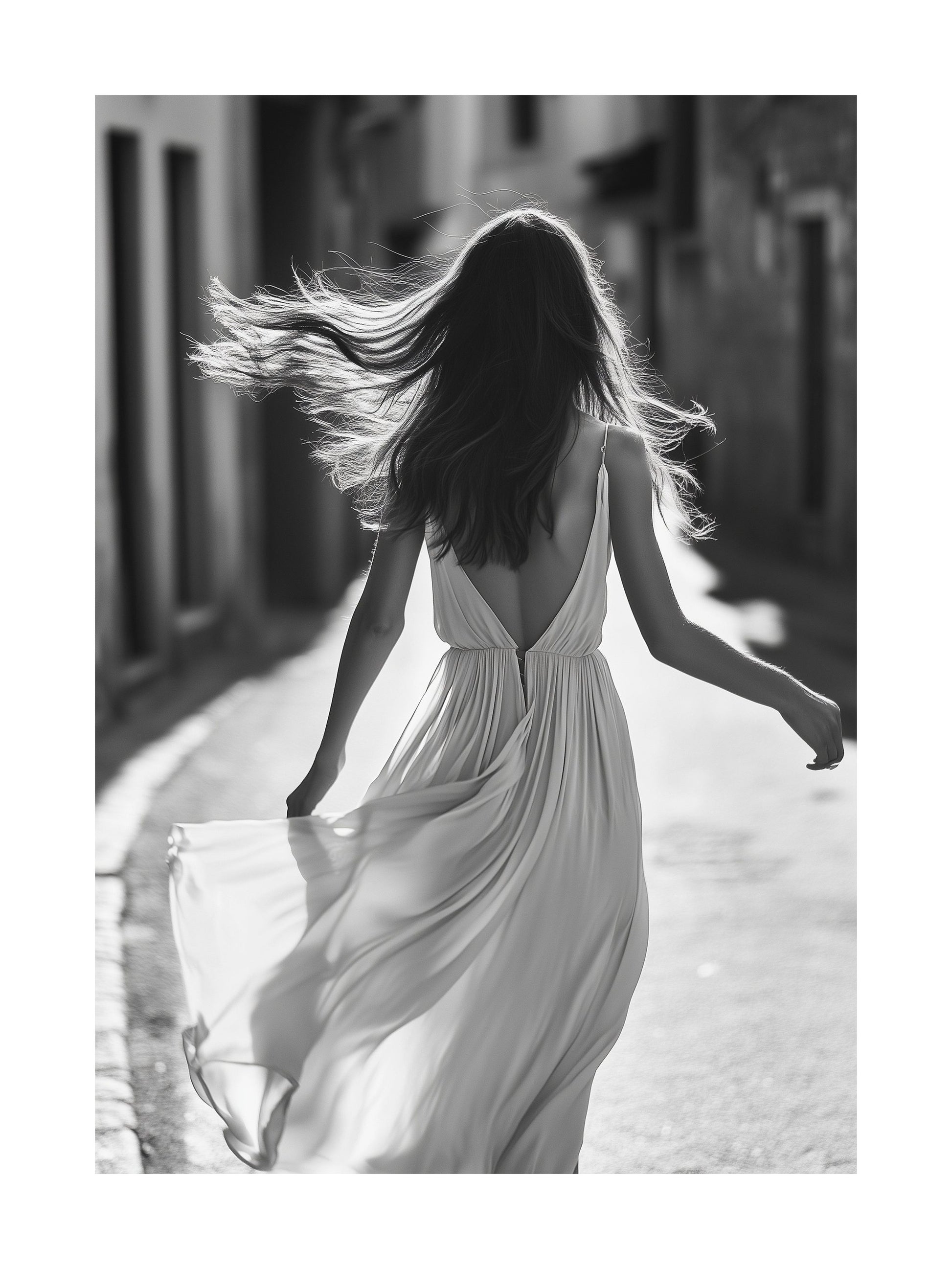 Woman walking in city with flowing dress - monochrome movement poster