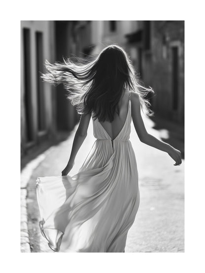 Woman walking in city with flowing dress - monochrome movement poster