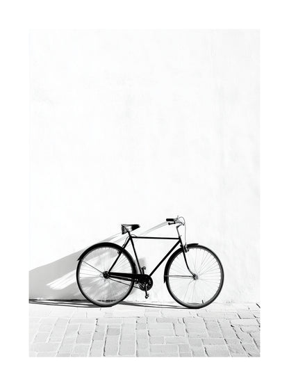 Retro bicycle leaning on a white wall – minimalist bicycle poster