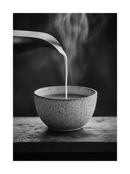 Steam rises as milk pours into a ceramic bowl in black and white