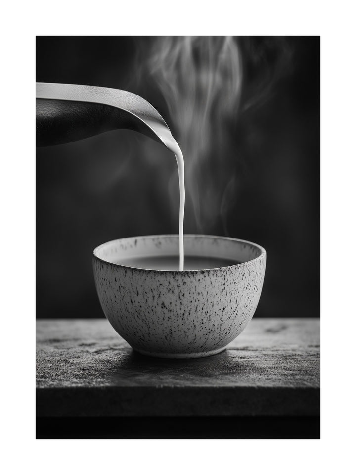 Steam rises as milk pours into a ceramic bowl in black and white