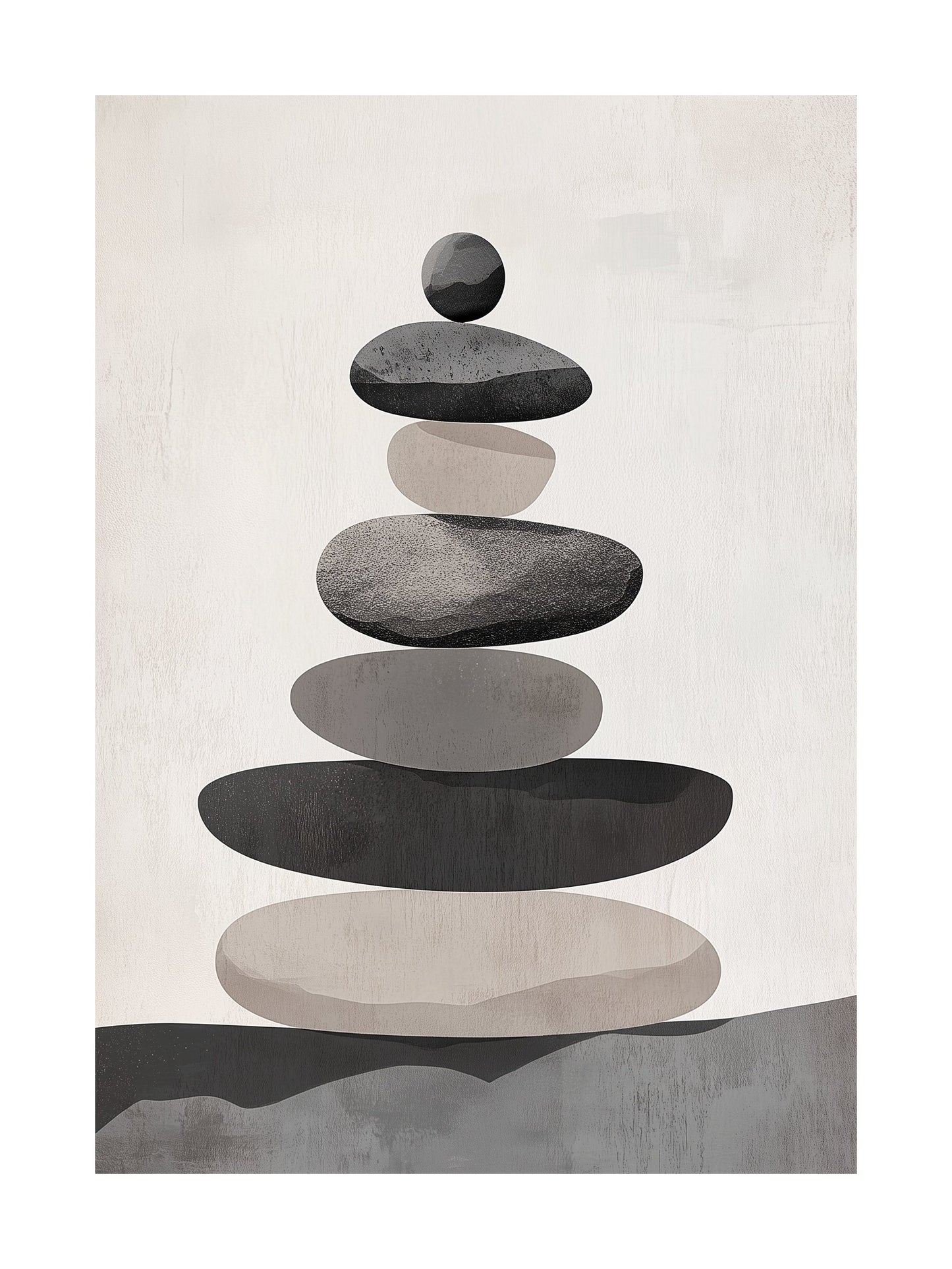 Zen-inspired poster of stacked stone shapes in soft gray tones, ideal for relaxing interiors.