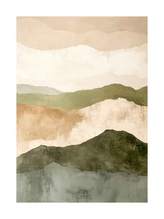 Abstract terrain poster with horizontal layers in olive, beige, and soft green.