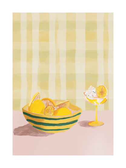 Poster of lemons and slices on a pink background