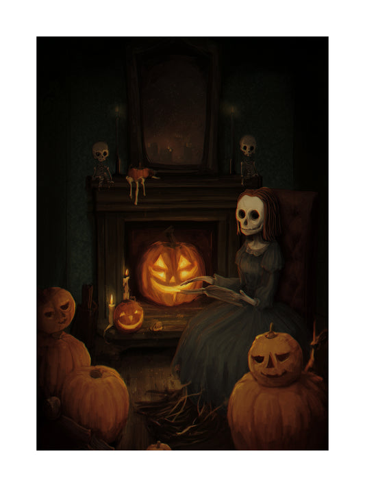 Halloween poster of skeleton girl by a jack-o-lantern fireplace in a haunted room