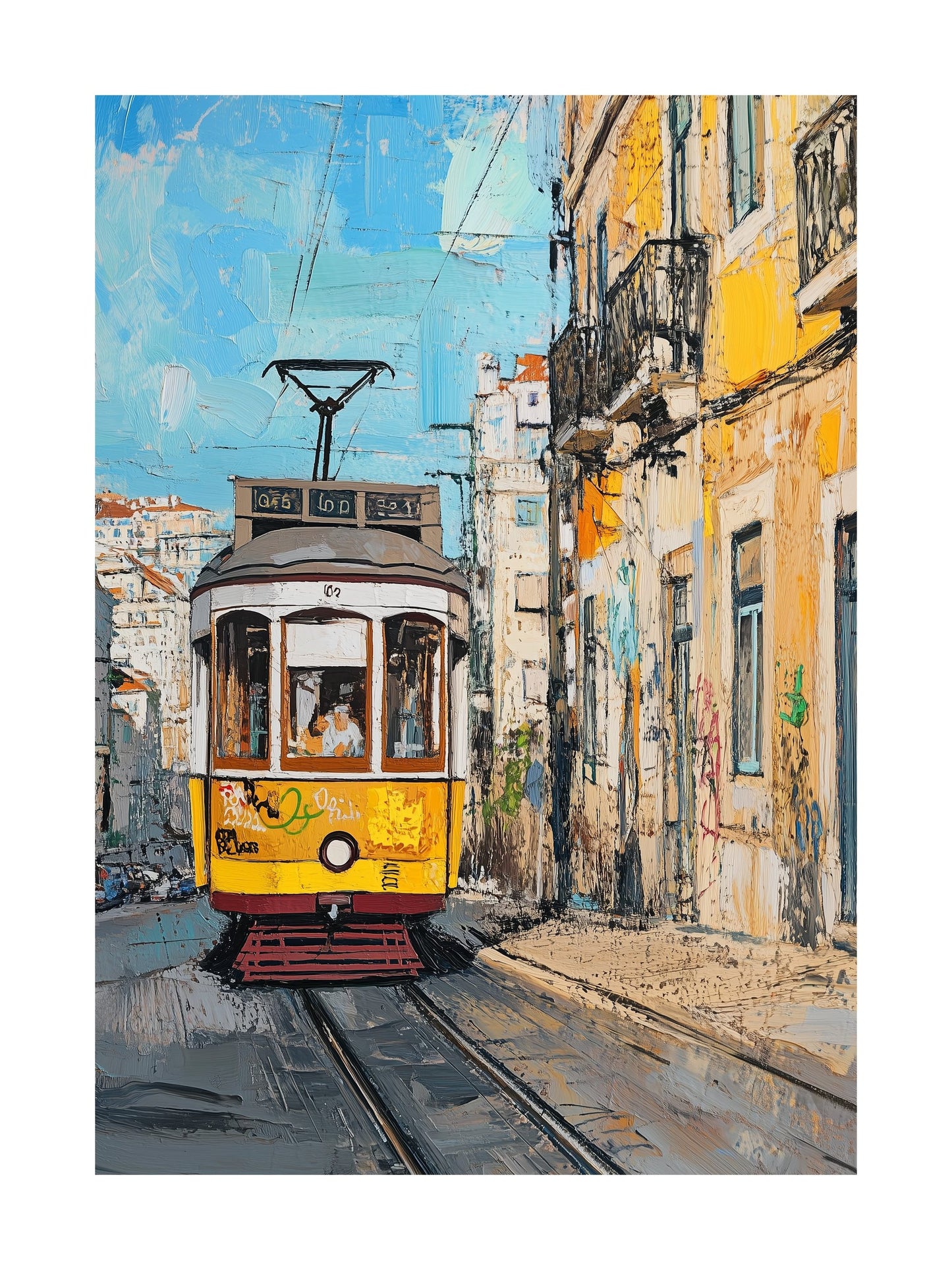 Lisbon yellow tram on colorful urban street