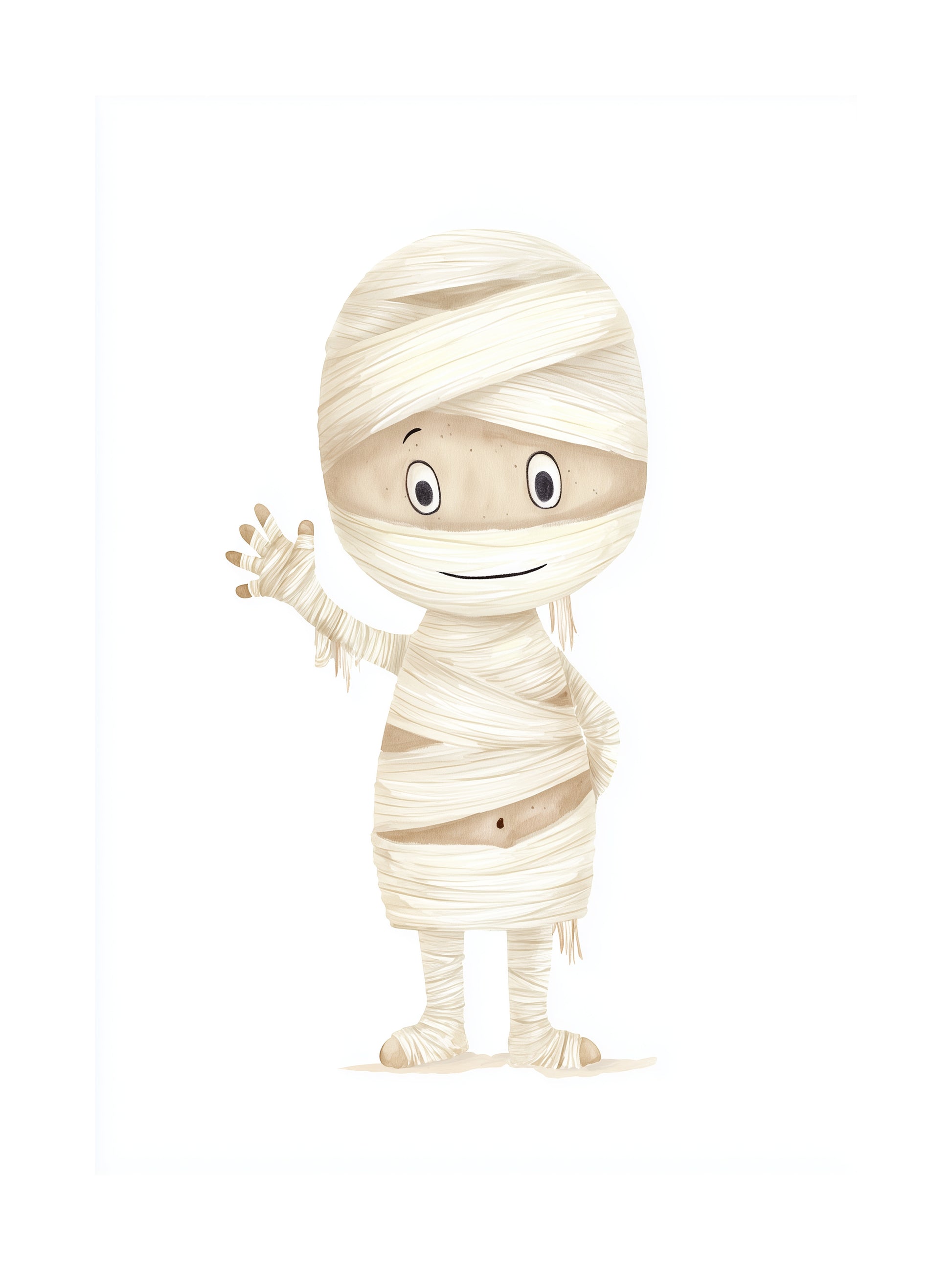 Kids Halloween poster of a smiling mummy waving with bandages