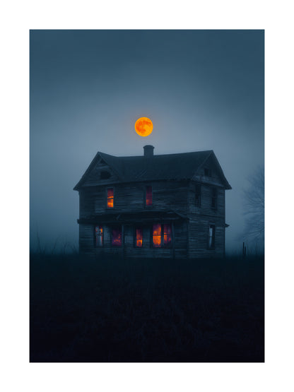 Halloween poster of haunted house under full moon and fog