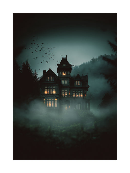 Halloween poster of a haunted Victorian mansion glowing in the fog