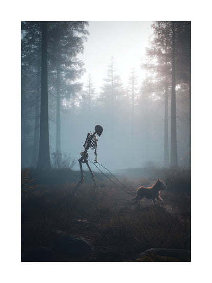 Halloween poster of a skeleton walking a dog in a foggy forest