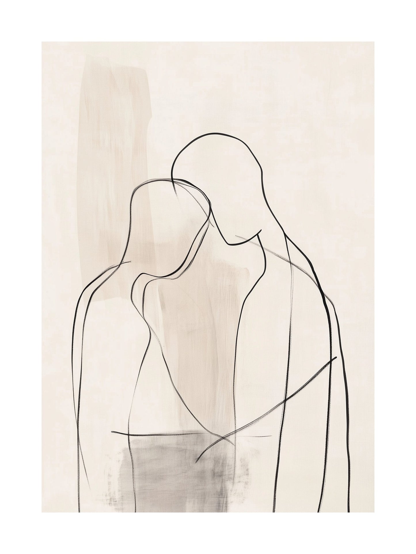 Minimalist line art poster of a couple embracing on a neutral background.
