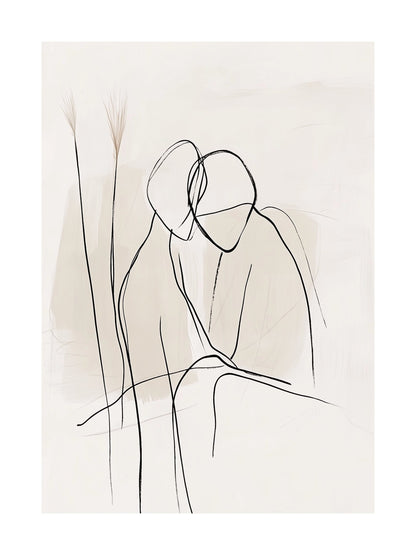 Minimalist line drawing of a couple embracing