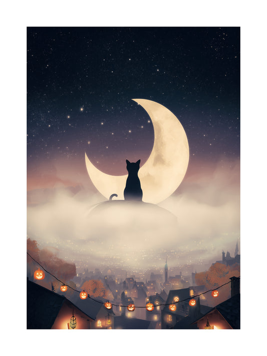Poster of a black cat sitting on a crescent moon above a town at night