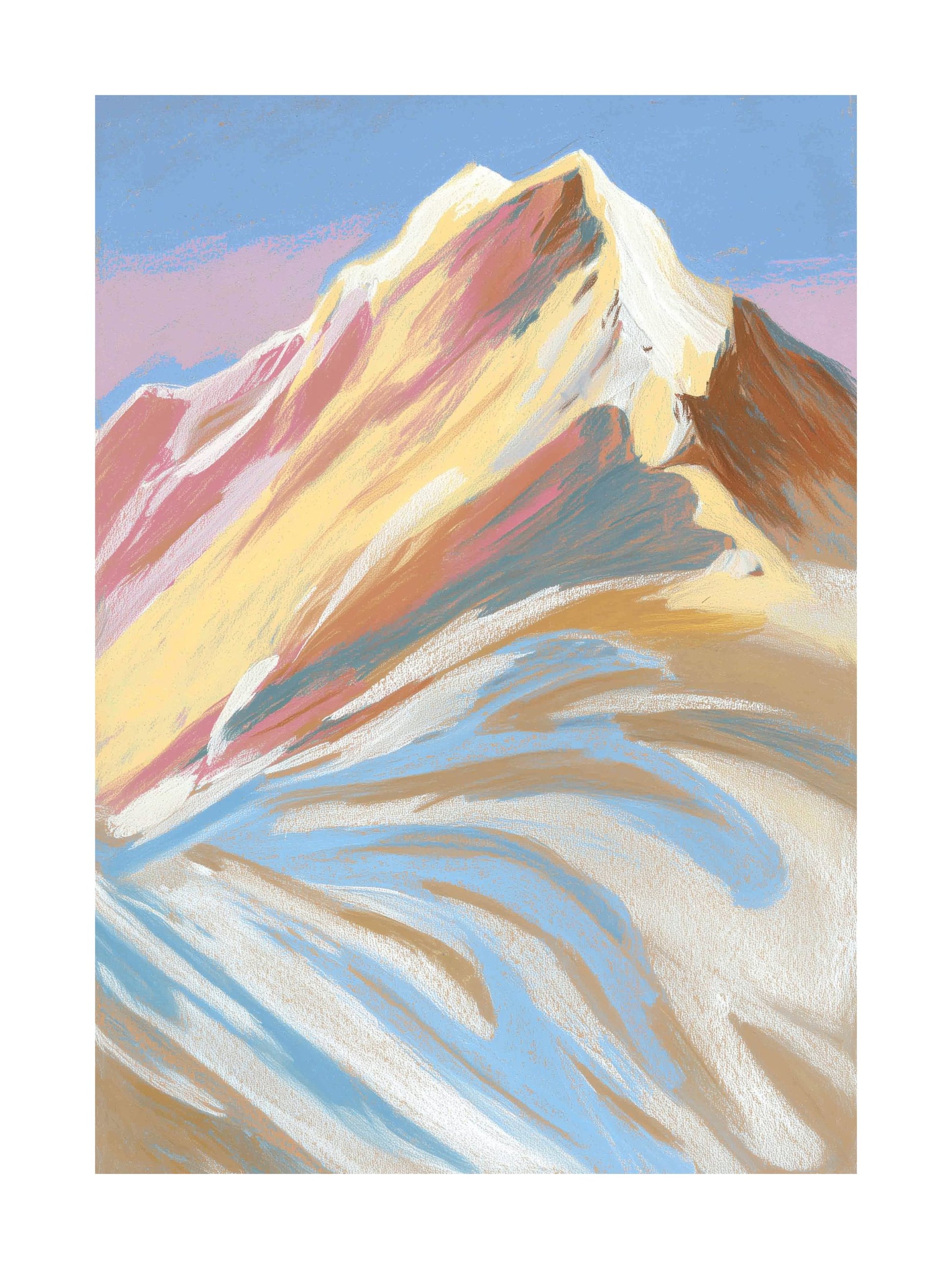Sunlit mountain peak with flowing pastel snow