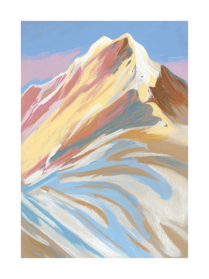 Sunlit mountain peak with flowing pastel snow