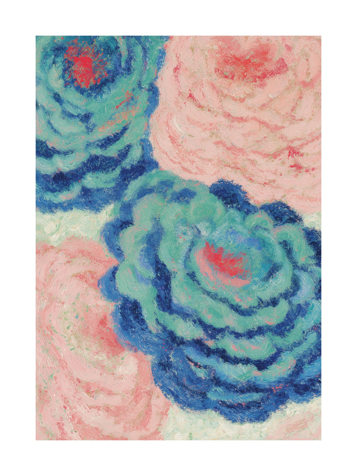 Textured blue bouquet flowers with soft peach and teal highlights