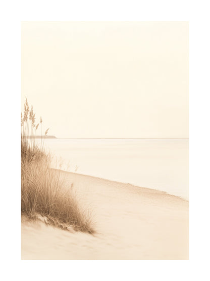 Soft pastel image of sandy dunes and ocean with tall grasses on the left