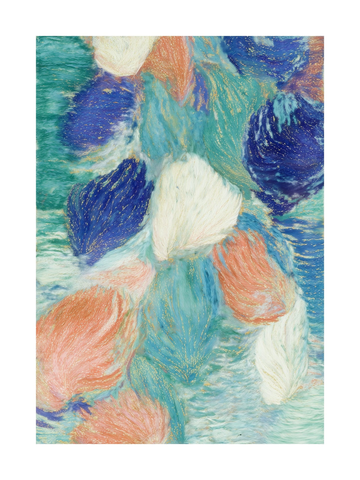 Abstract pastel artwork of swirling coral, blue, and white petal-like forms.